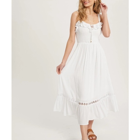 Mable Boho Frilled Smocked Midi Dress S White - Picture 1 of 9
